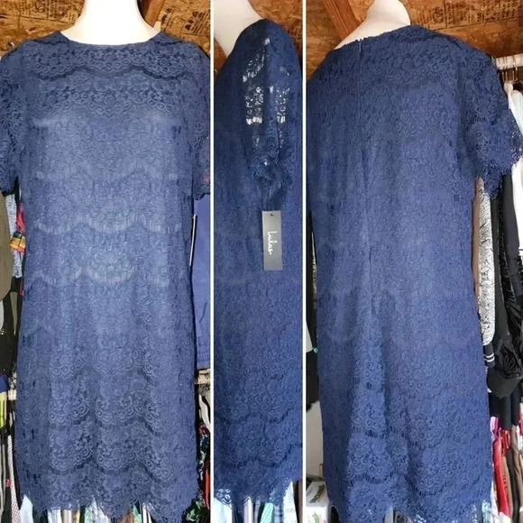 NWT! Lulus Take Me to Brunch Navy Blue Lace Overlay Shift Dress Size L - Picture 5 of 10